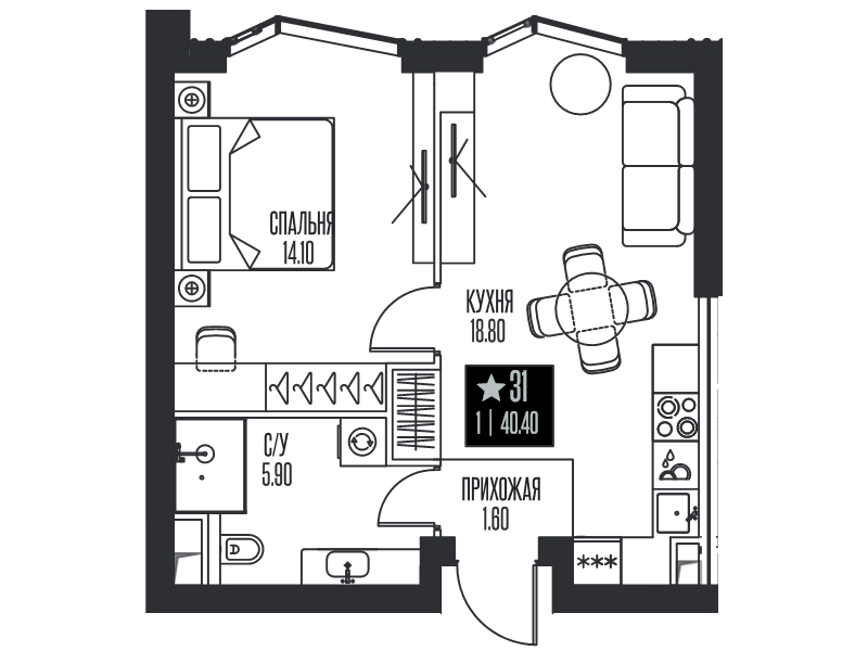 2 ккв (Евро) 40,4 м²