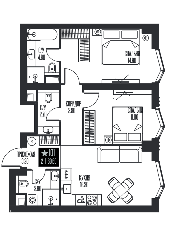 3 ккв (Евро) 60,6 м²