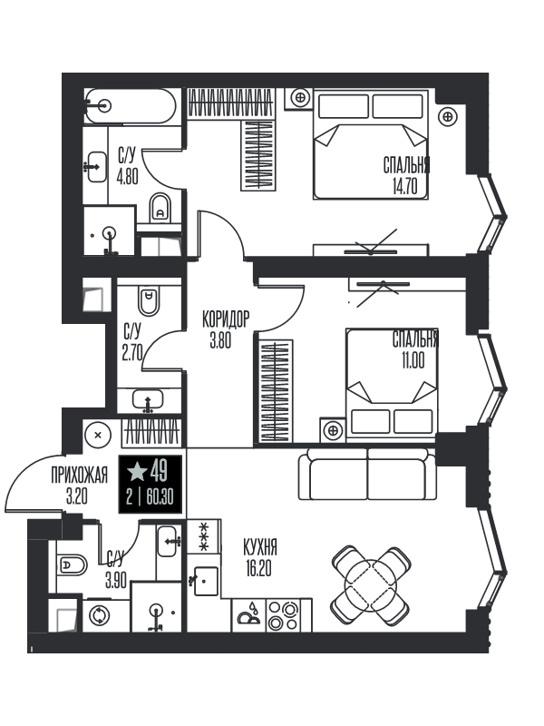 3 ккв (Евро) 60,3 м²