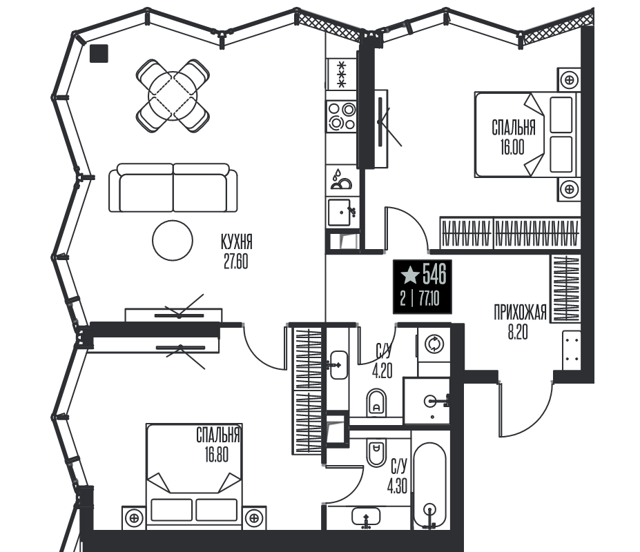 3 ккв (Евро) 77,1 м²
