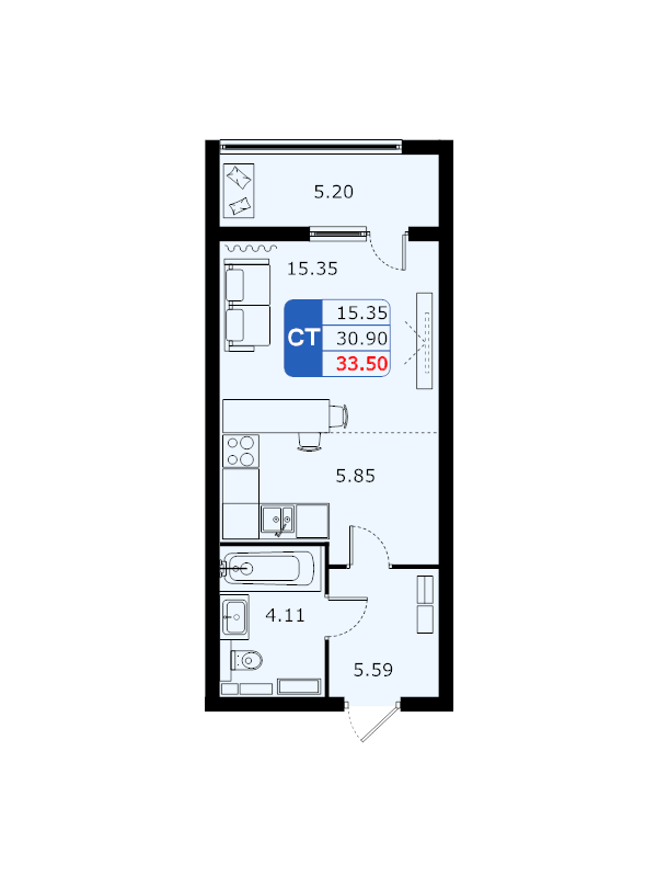 Студия 33,3 м²