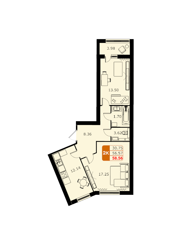 2 ккв 58,4 м²