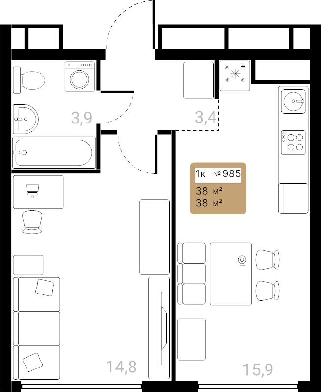 2 ккв (Евро) 38 м²