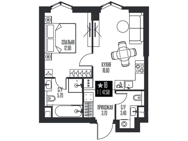 2 ккв (Евро) 42,5 м²