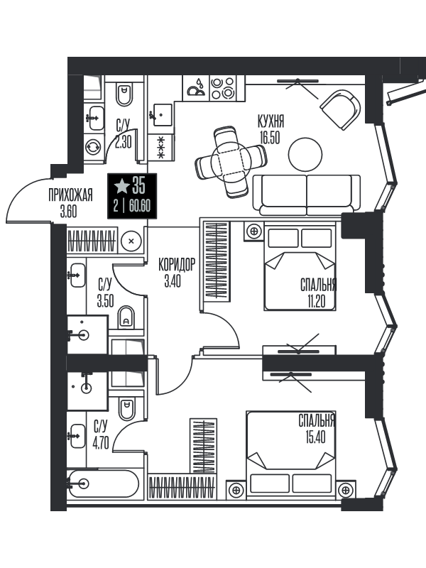 3 ккв (Евро) 60,6 м²