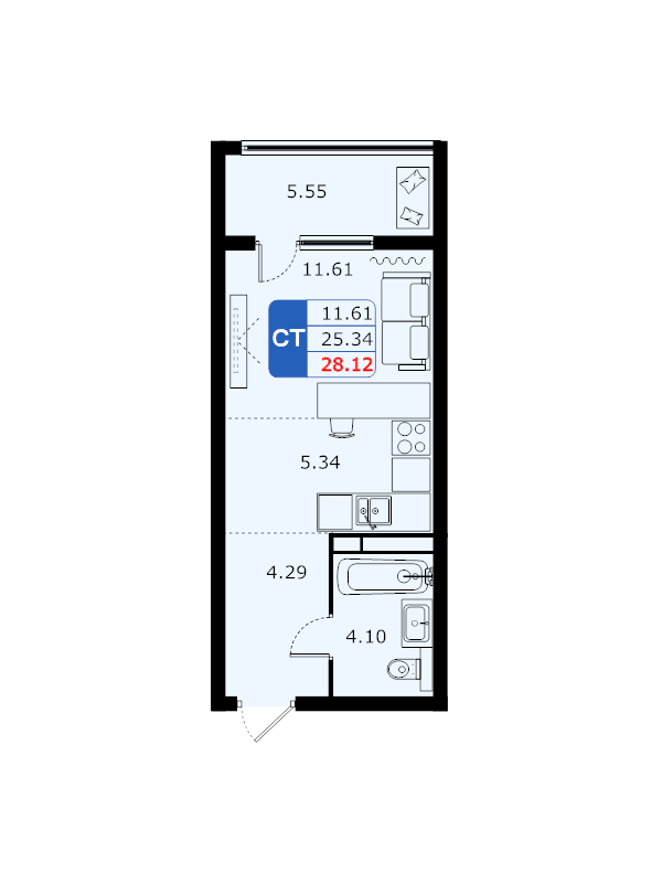 Студия 28,1 м²
