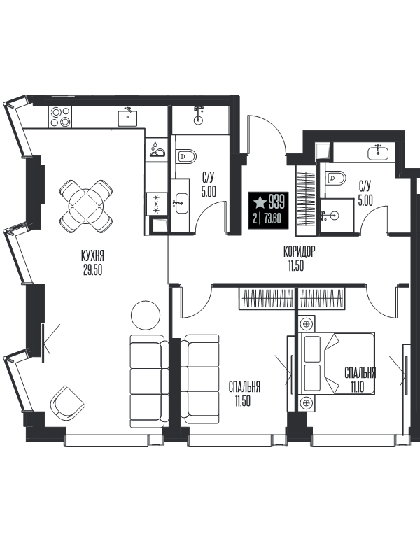 3 ккв (Евро) 73,6 м²