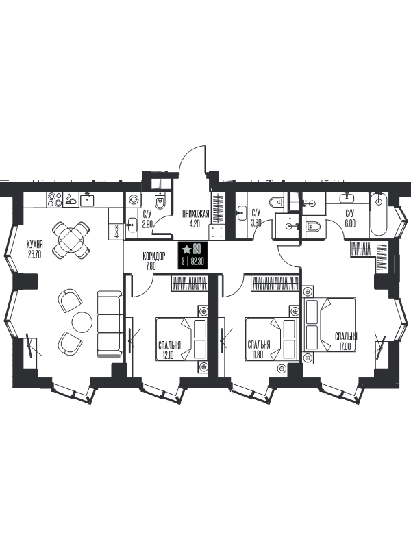 4 ккв (Евро) 92,3 м²