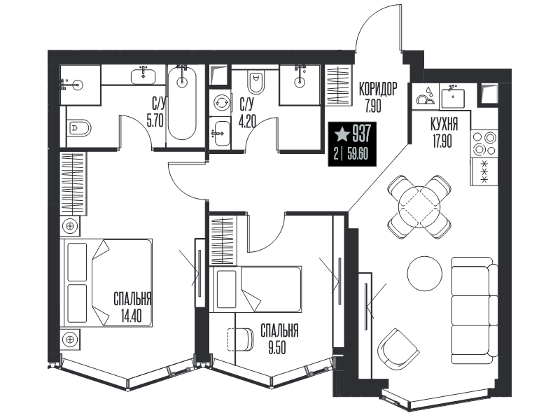 3 ккв (Евро) 59,6 м²