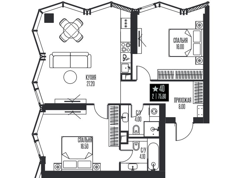 3 ккв (Евро) 75,8 м²