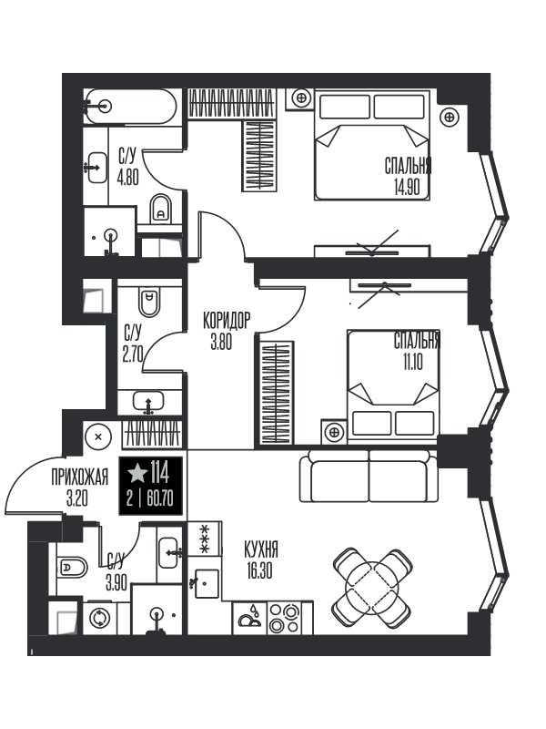 3 ккв (Евро) 60,7 м²