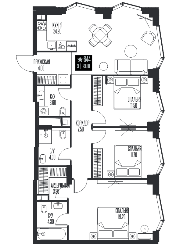 4 ккв (Евро) 93,6 м²