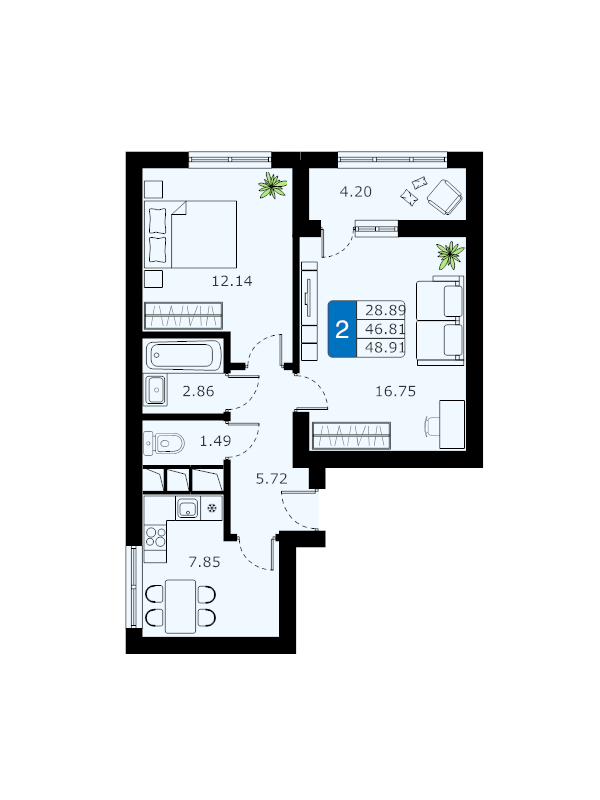 2 ккв 48,9 м²