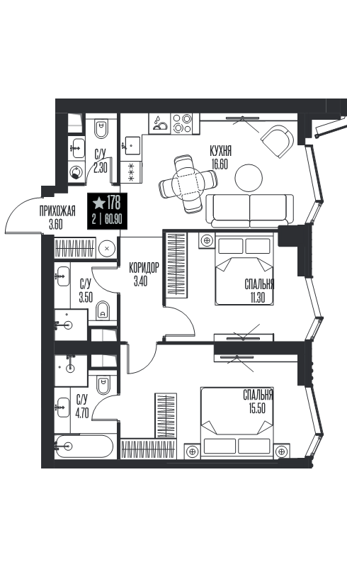 3 ккв (Евро) 60,9 м²