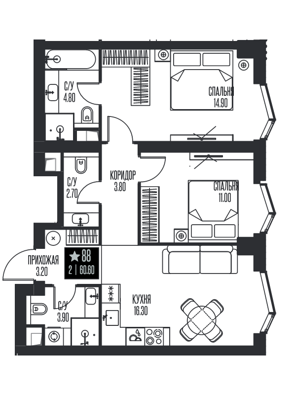 3 ккв (Евро) 60,6 м²