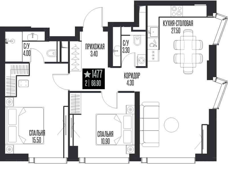 3 ккв (Евро) 68,9 м²