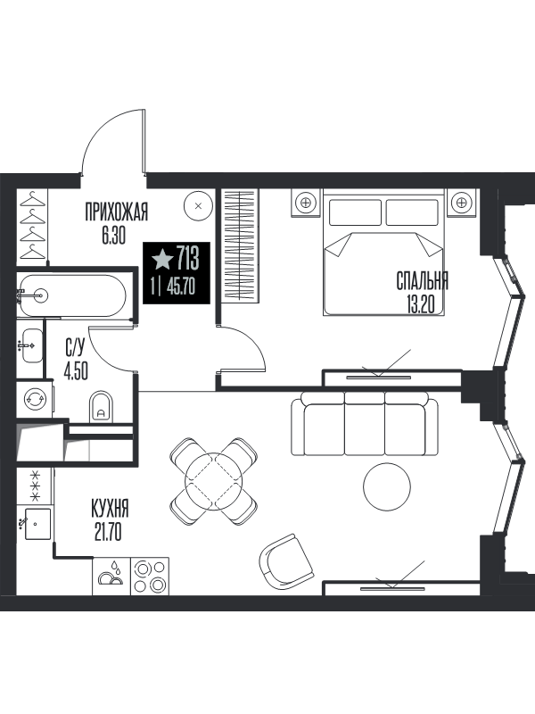 2 ккв (Евро) 45,7 м²