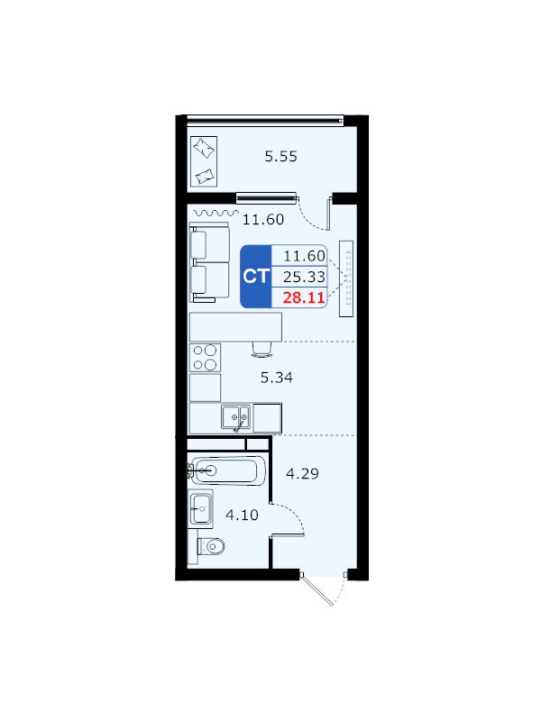 Студия 28,1 м²