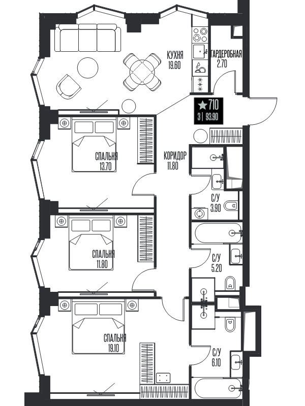 4 ккв (Евро) 93,9 м²