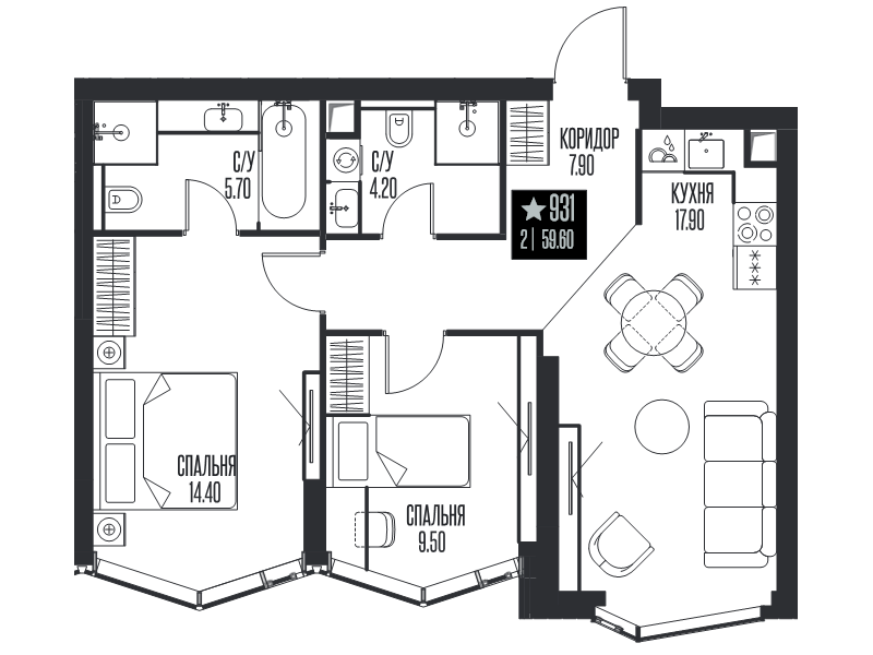 3 ккв (Евро) 59,6 м²