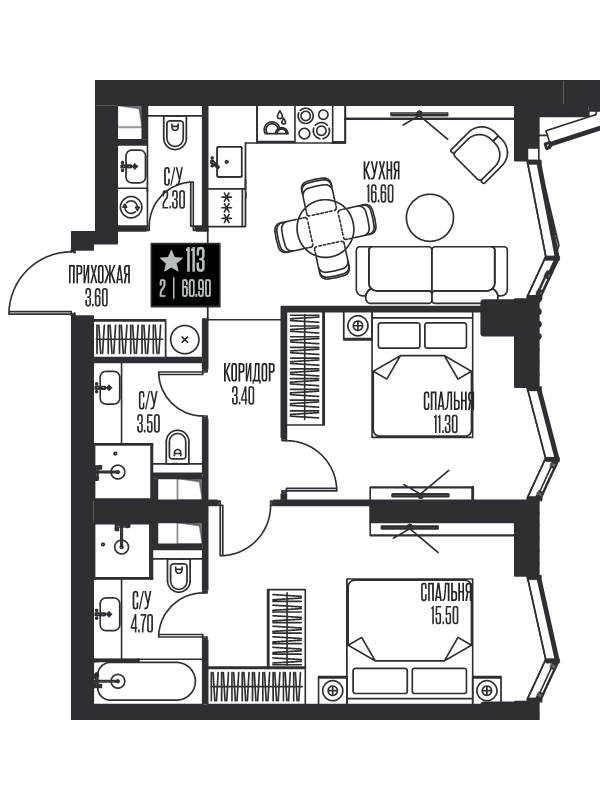 3 ккв (Евро) 60,9 м²