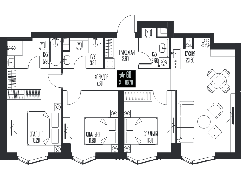4 ккв (Евро) 86,7 м²