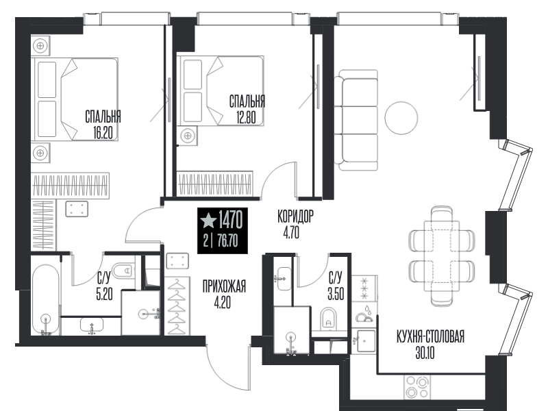 3 ккв (Евро) 76,7 м²
