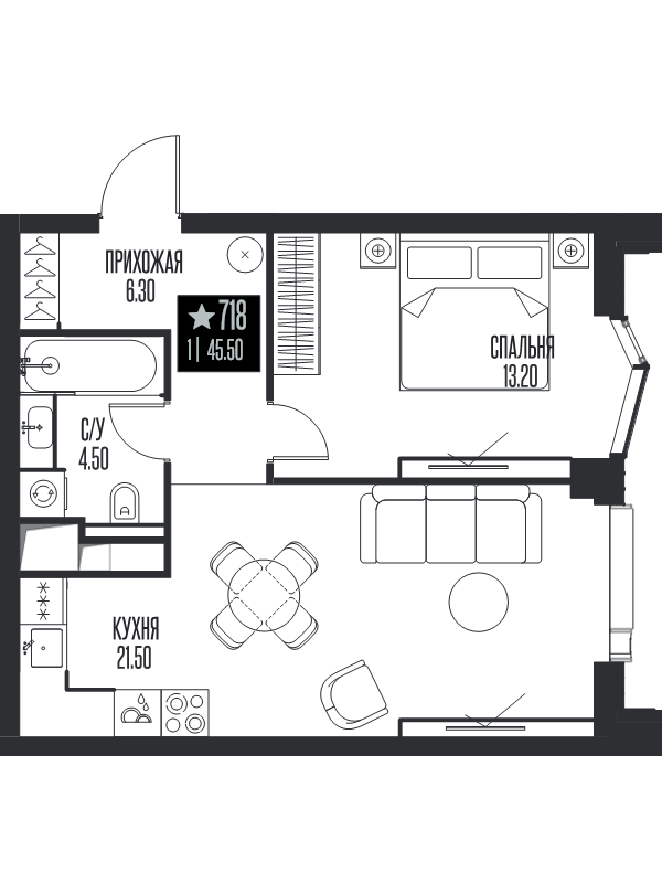 2 ккв (Евро) 45,5 м²