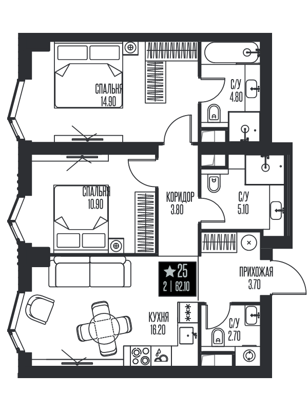 3 ккв (Евро) 62,1 м²