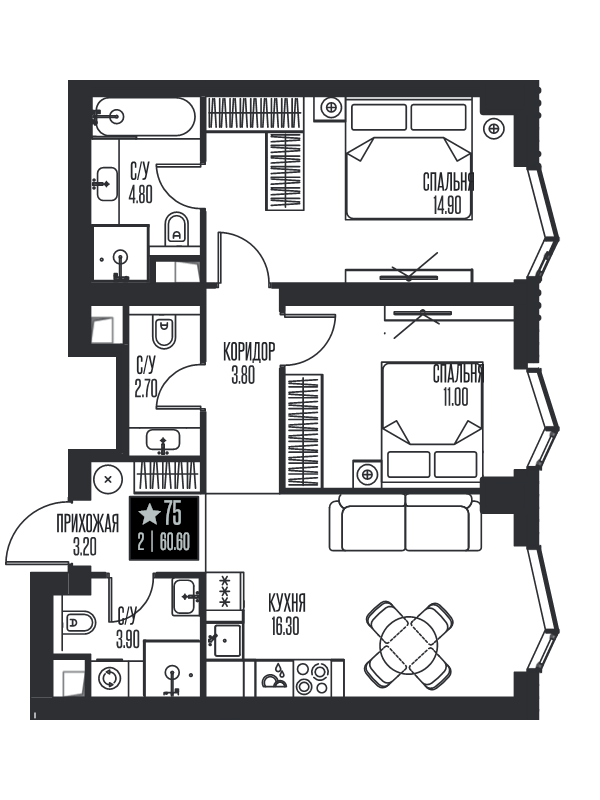 3 ккв (Евро) 60,6 м²