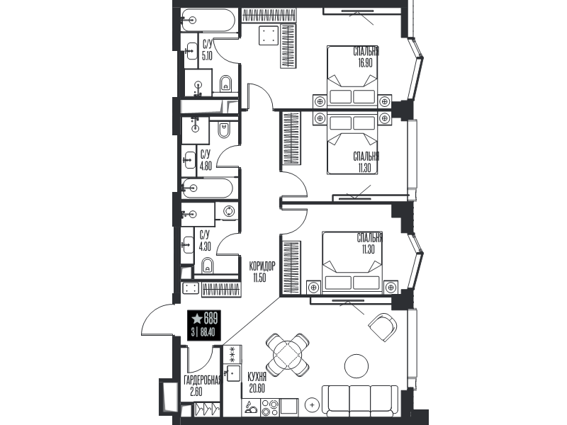 4 ккв (Евро) 88,4 м²