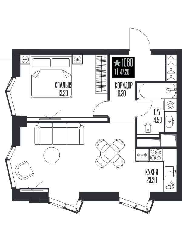 2 ккв (Евро) 47,2 м²