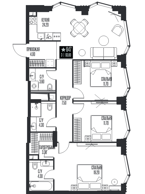 4 ккв (Евро) 93,8 м²