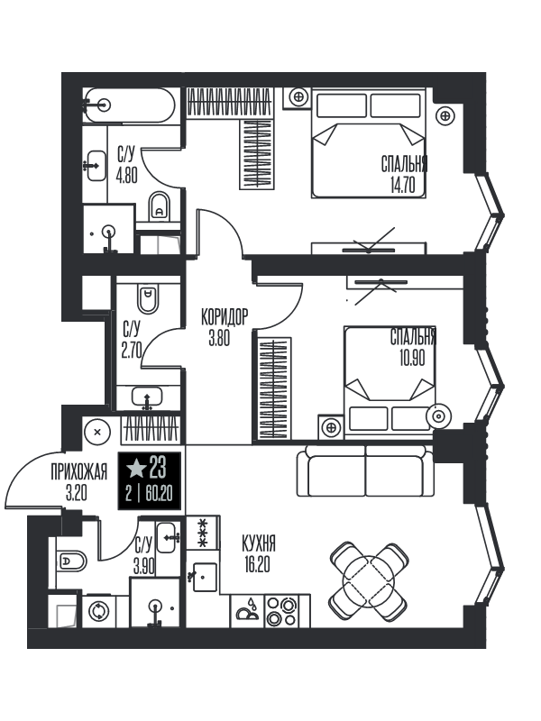 3 ккв (Евро) 60,2 м²