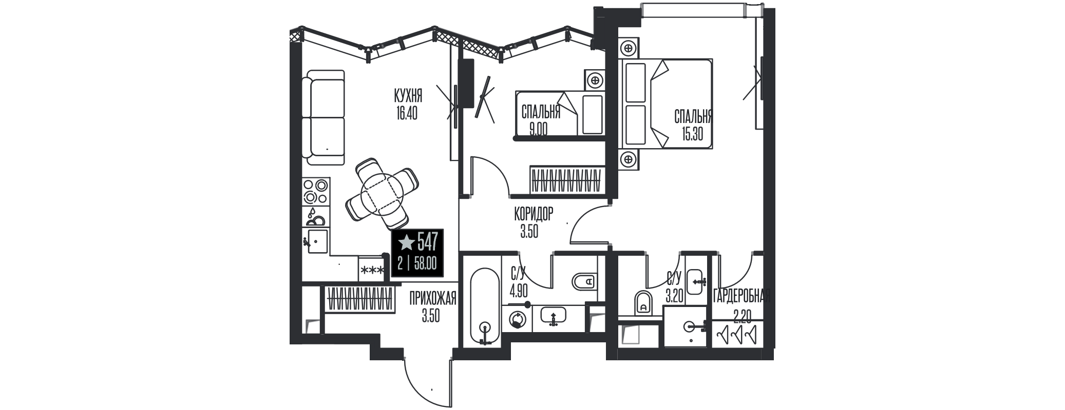 3 ккв (Евро) 58 м²