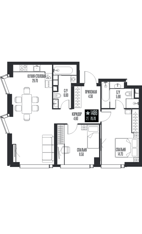 3 ккв (Евро) 76,7 м²