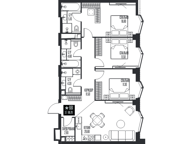4 ккв (Евро) 88,7 м²