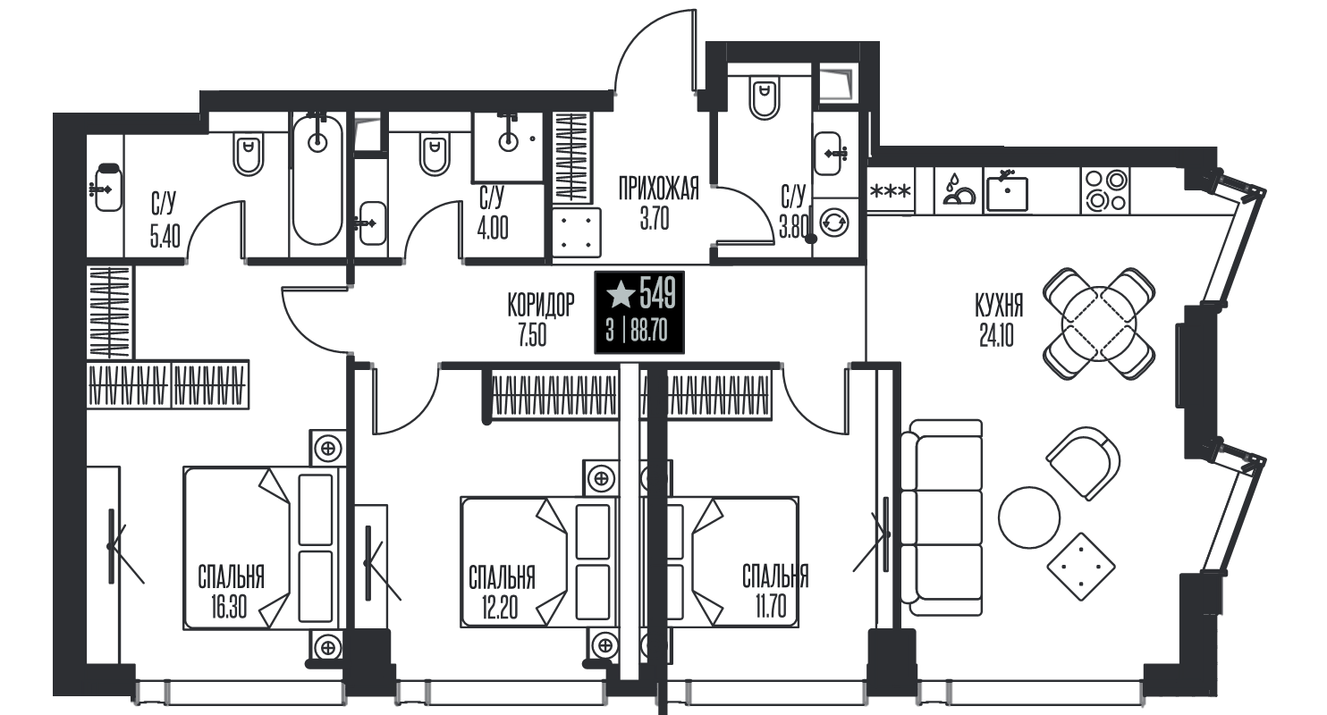 4 ккв (Евро) 88,7 м²