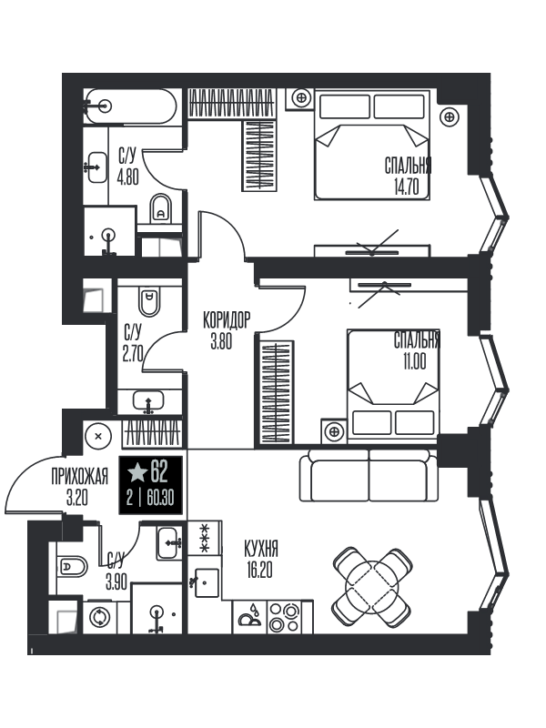 3 ккв (Евро) 60,3 м²