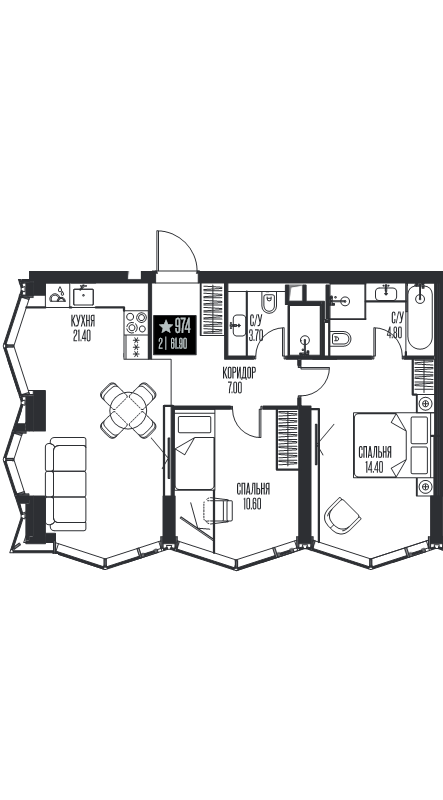 3 ккв (Евро) 61,9 м²