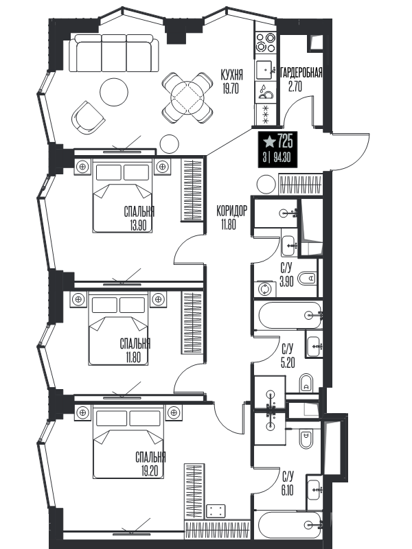 4 ккв (Евро) 94,3 м²