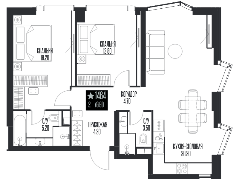 3 ккв (Евро) 76,9 м²