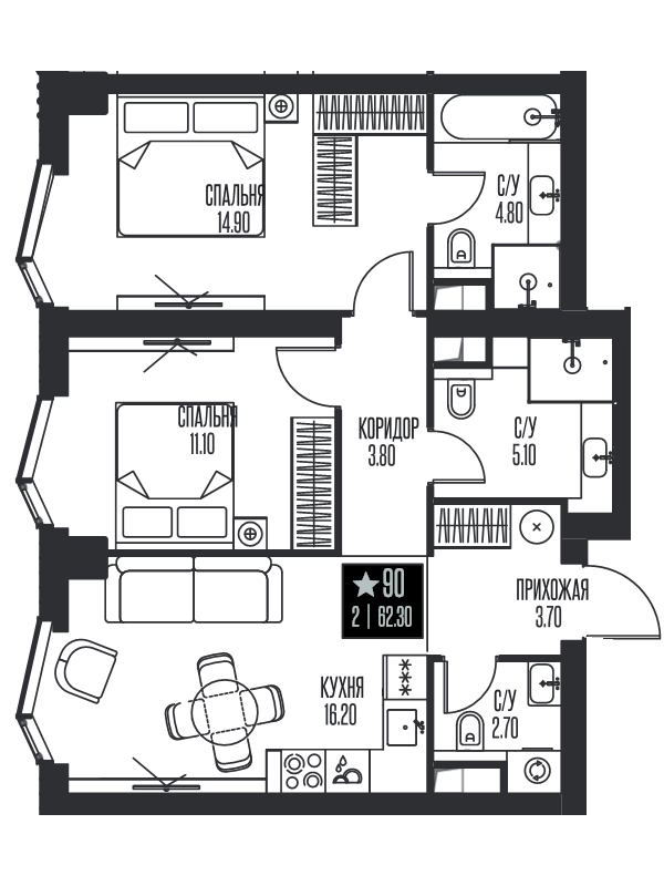 3 ккв (Евро) 62,3 м²