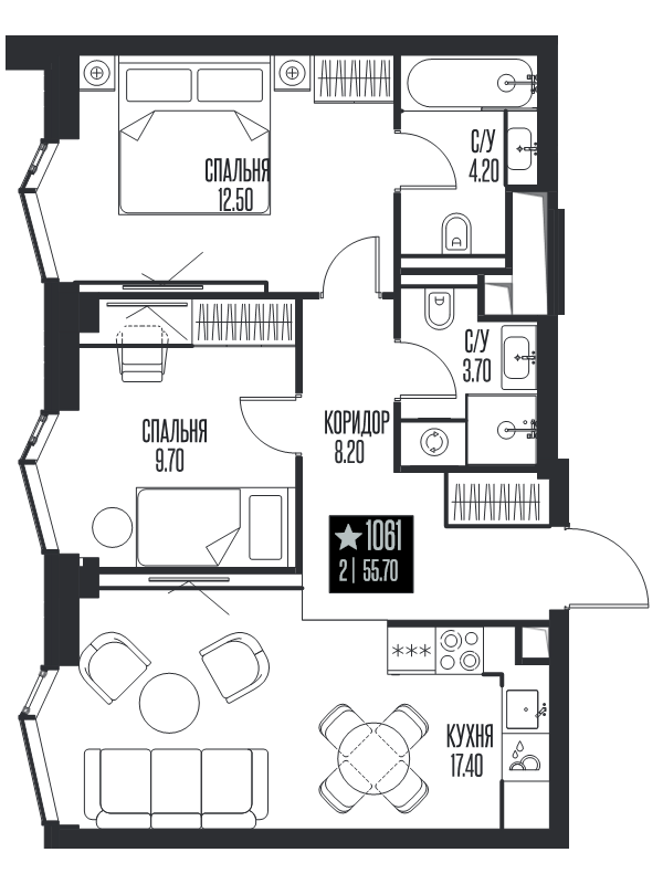 3 ккв (Евро) 55,7 м²