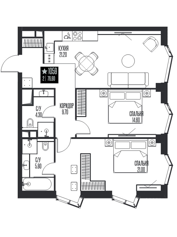 3 ккв (Евро) 76,6 м²