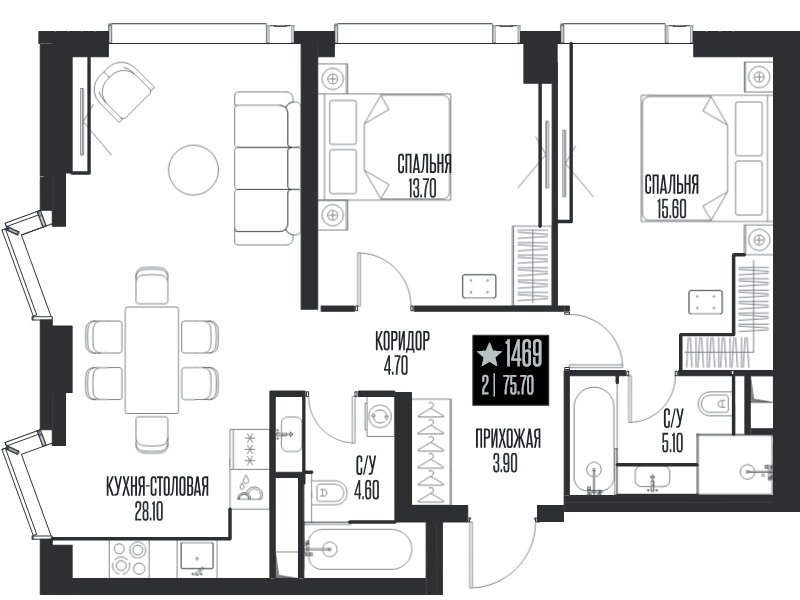 3 ккв (Евро) 75,7 м²