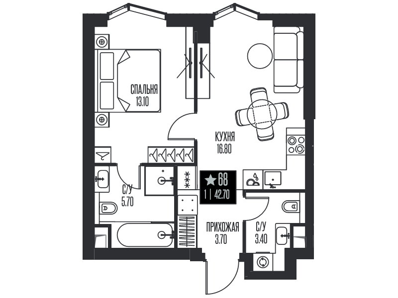 2 ккв (Евро) 42,7 м²