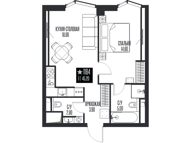 2 ккв (Евро) 45,2 м²