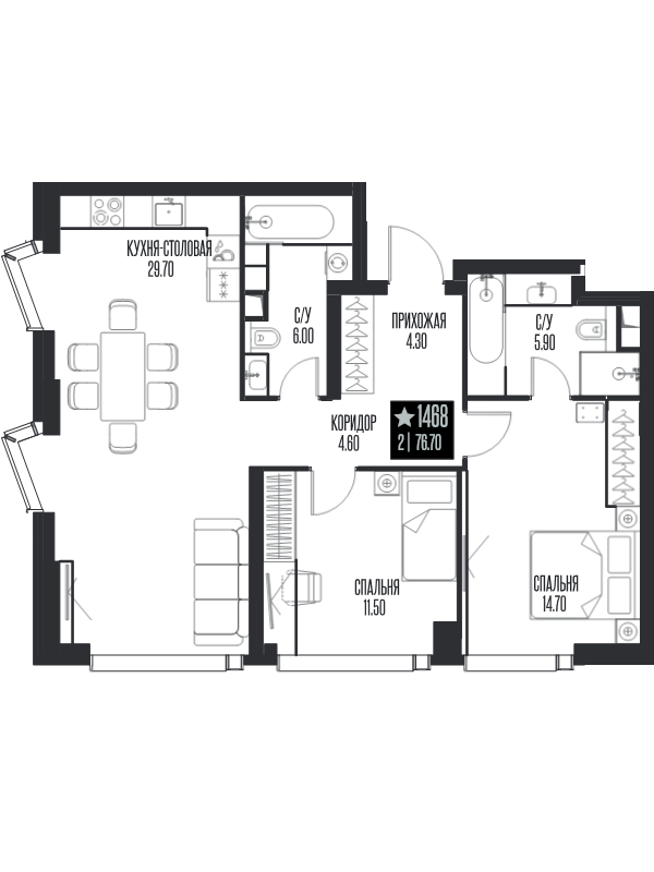 3 ккв (Евро) 76,7 м²