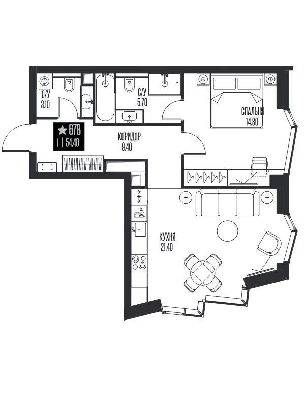 2 ккв (Евро) 54,4 м²